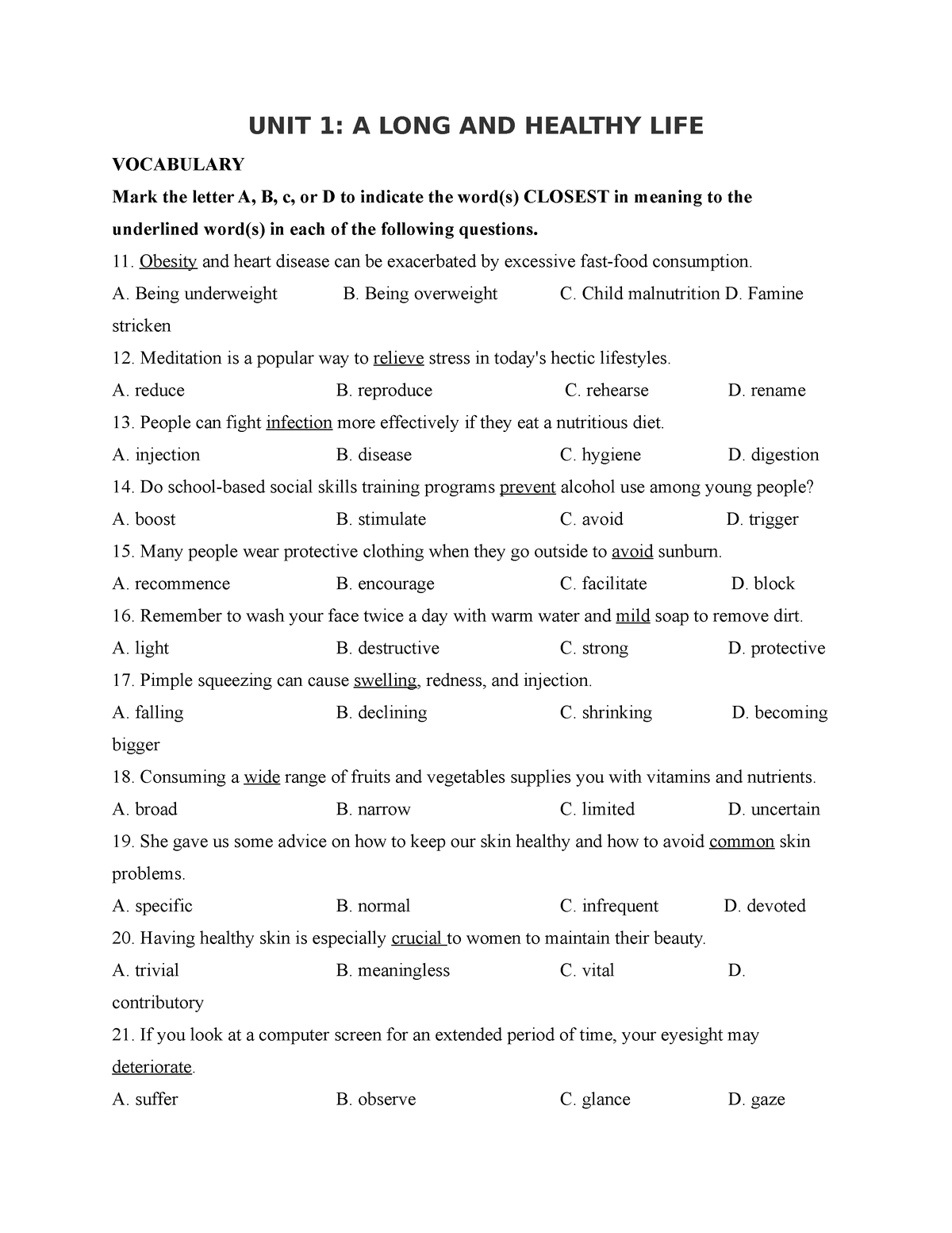 E11 UNIT 1 - E11 UNIT 1 - UNIT 1: A LONG AND HEALTHY LIFE VOCABULARY ...