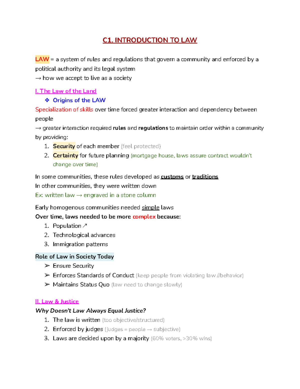 Introduction To Law - C1. INTRODUCTION TO LAW LAW = A System Of Rules ...