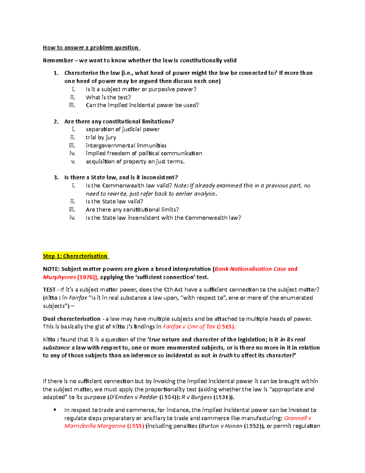 Constitutional Law Exam Scaffolding How to answer a problem question