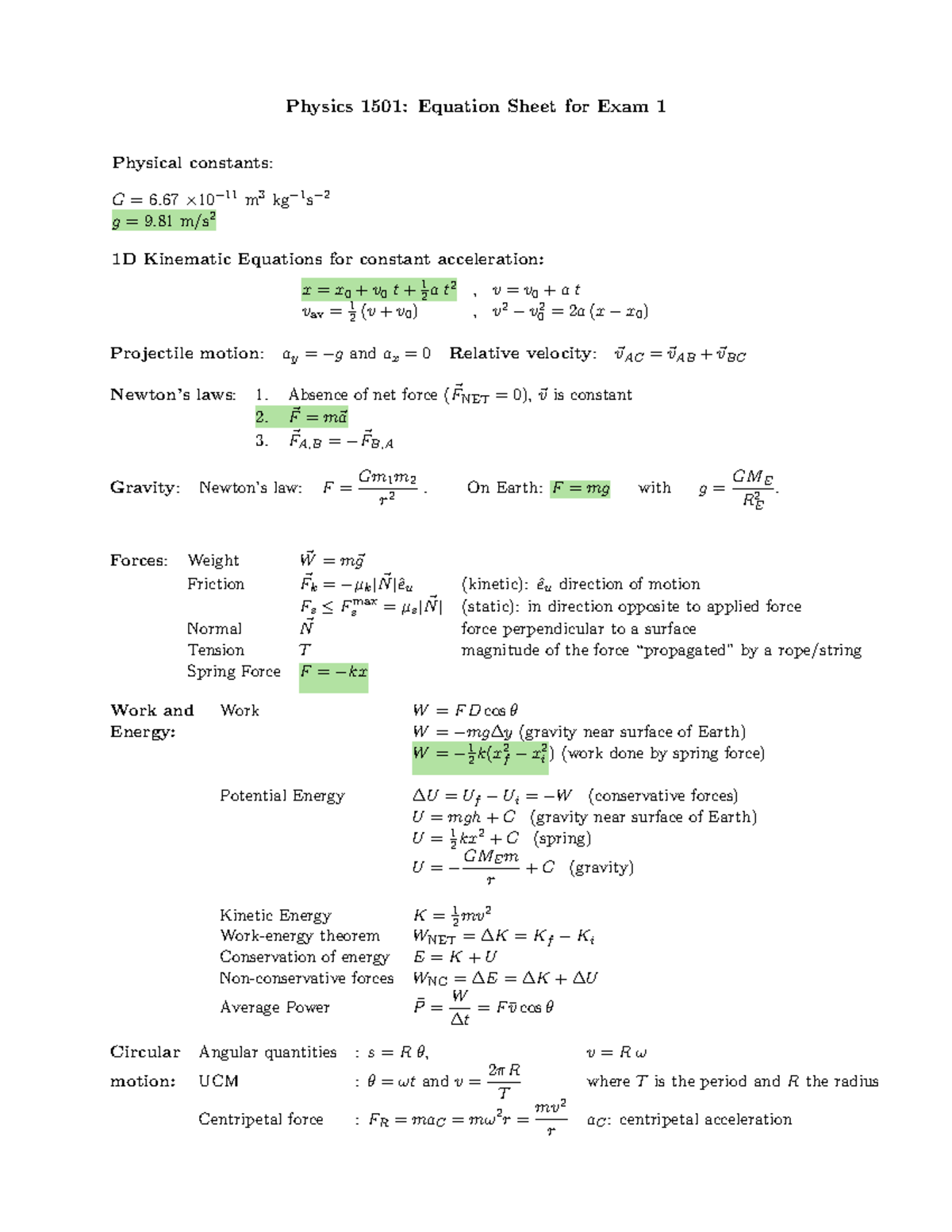 Equation Sheet-Exam#1 - Physics 1501: Equation Sheet for Exam 1 ...