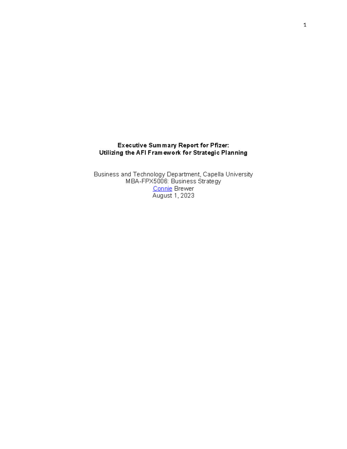 MBA-FPX5006 Assessment 1-2 - Executive Summary Report for Pfizer ...