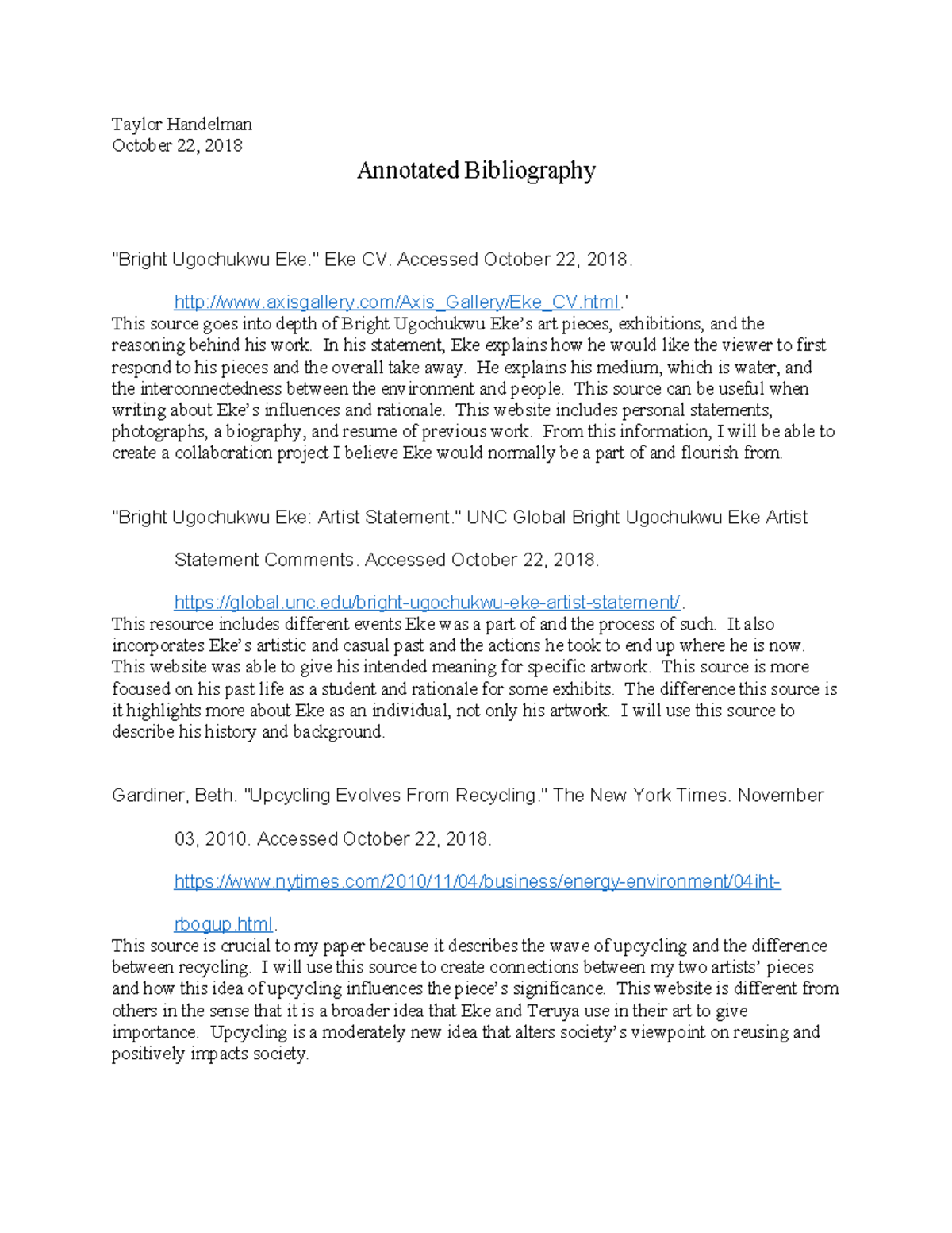 Annotated Bib Art - Taylor Handelman October 22, 2018 Annotated ...