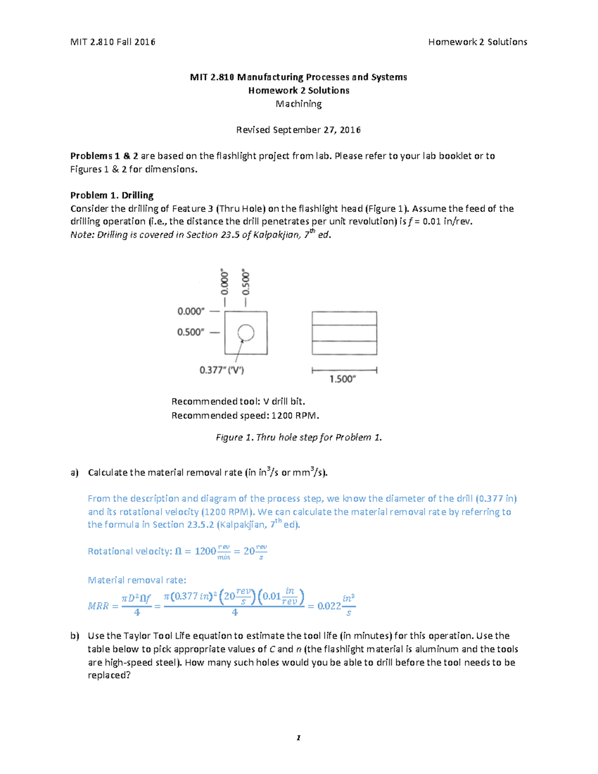Tutorial Problems Machining - MIT 2 Manufacturing Processes and Systems ...