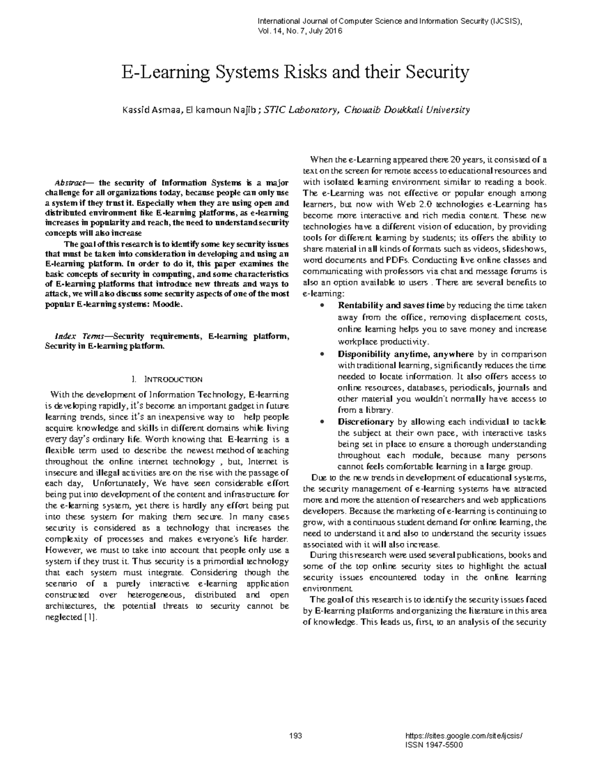 E Learning Systems Risks and their Secur - ð Abstract 4 the security of ...