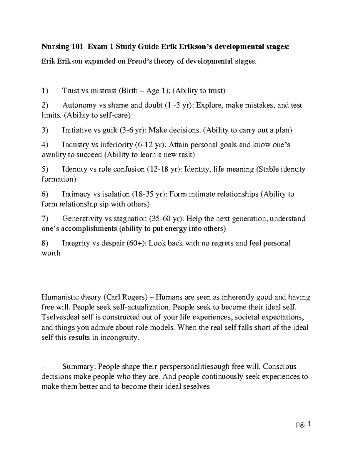 Nursing 101 Exam 1 Study Guide Erik Erikson’s developmental stages ...