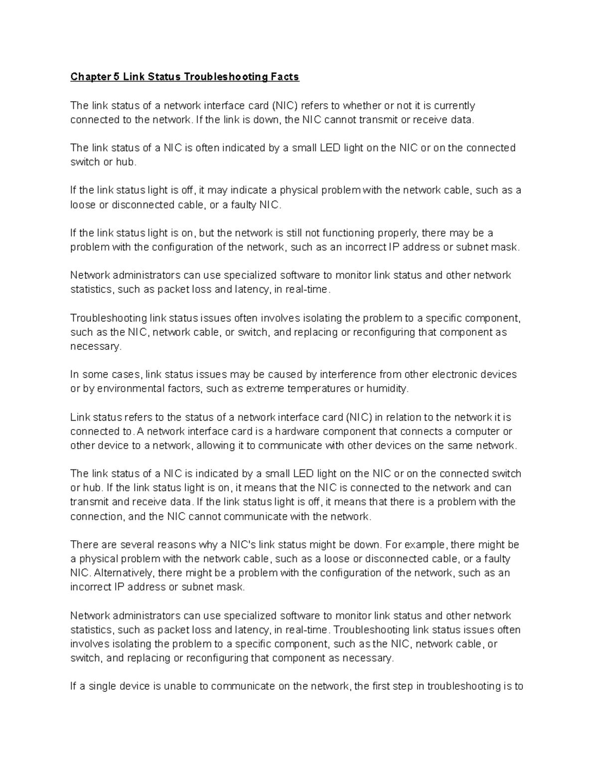 Chapter 5 Link Status Troubleshooting Facts If the link is down, the