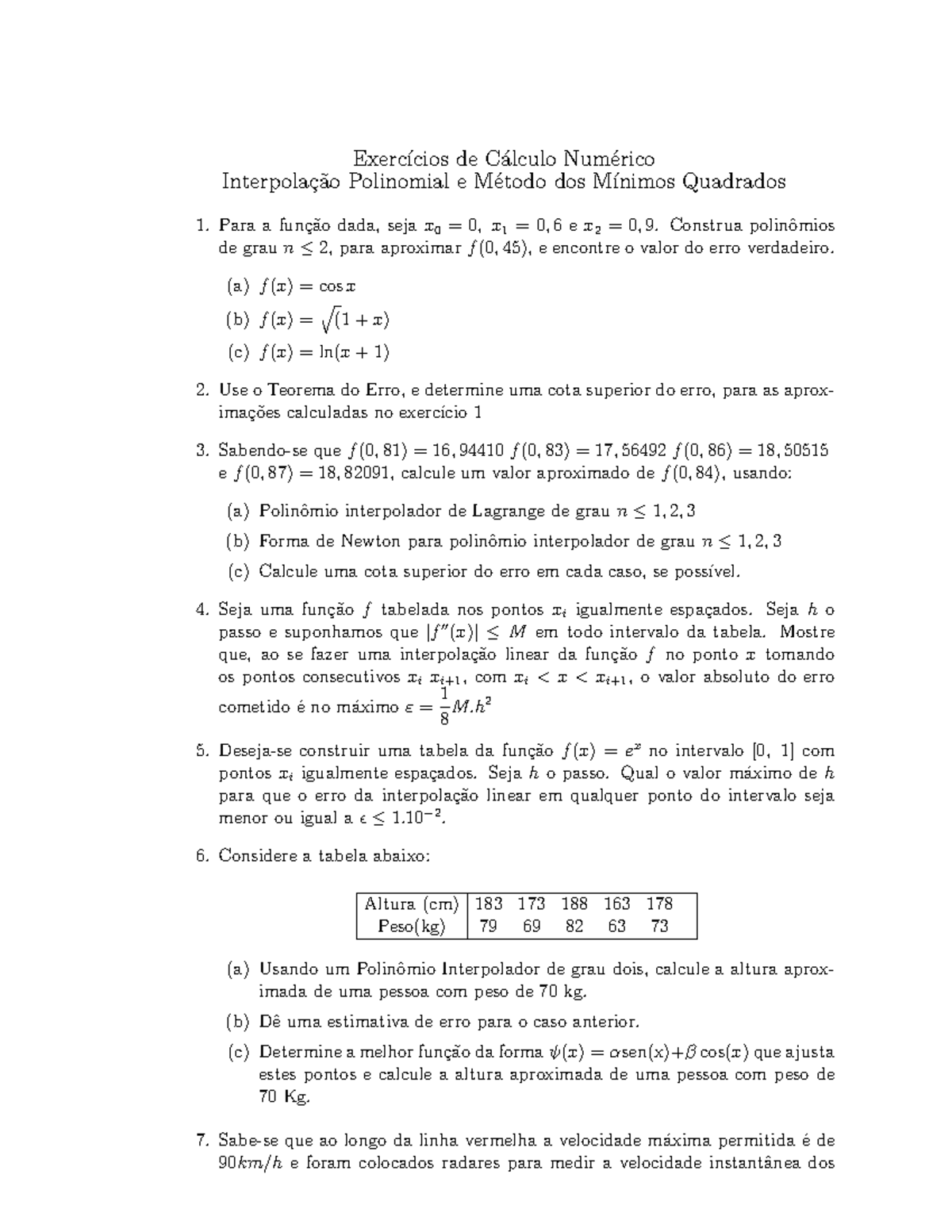 Ex Res Interp E MMQ - Lista - Exerc ́ıcios De C ́alculo Num ́erico ...