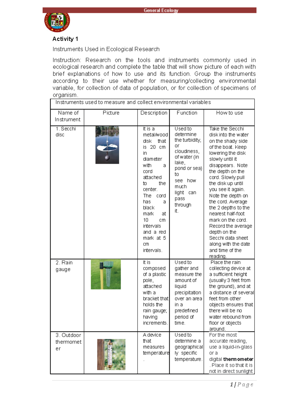 Instruments Used In Ecological Research - Activity 1 Instruments Used ...