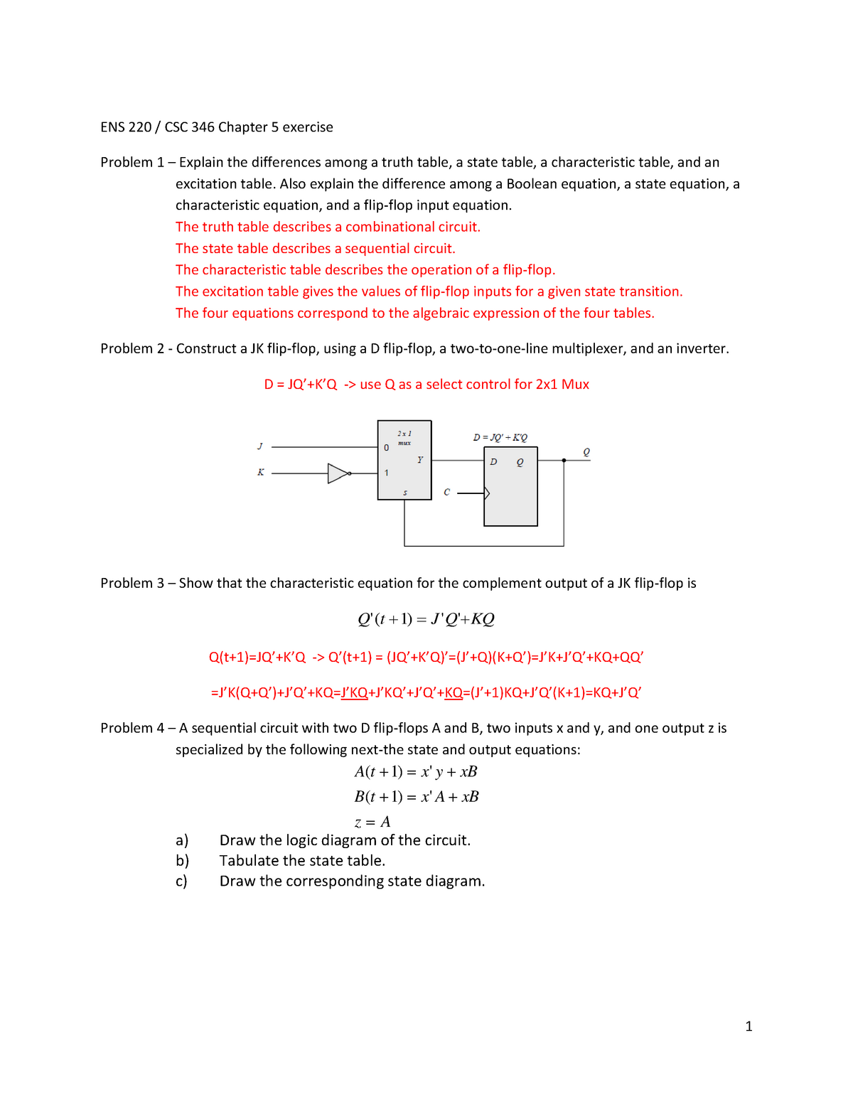 Ch5 Hw Solution V1 N A Ens 221 Ens 2 Csc 346 Chapter Exercise Problem Explain The Differences Among Truth Table State Table Characteristic Table And An Studocu