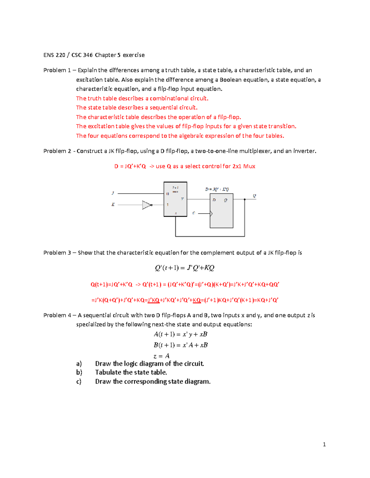 Ch5 Hw Solution V1 N A Ens 221 Ens 2 Csc 346 Chapter Exercise Problem Explain The Differences Among Truth Table State Table Characteristic Table And An Studocu