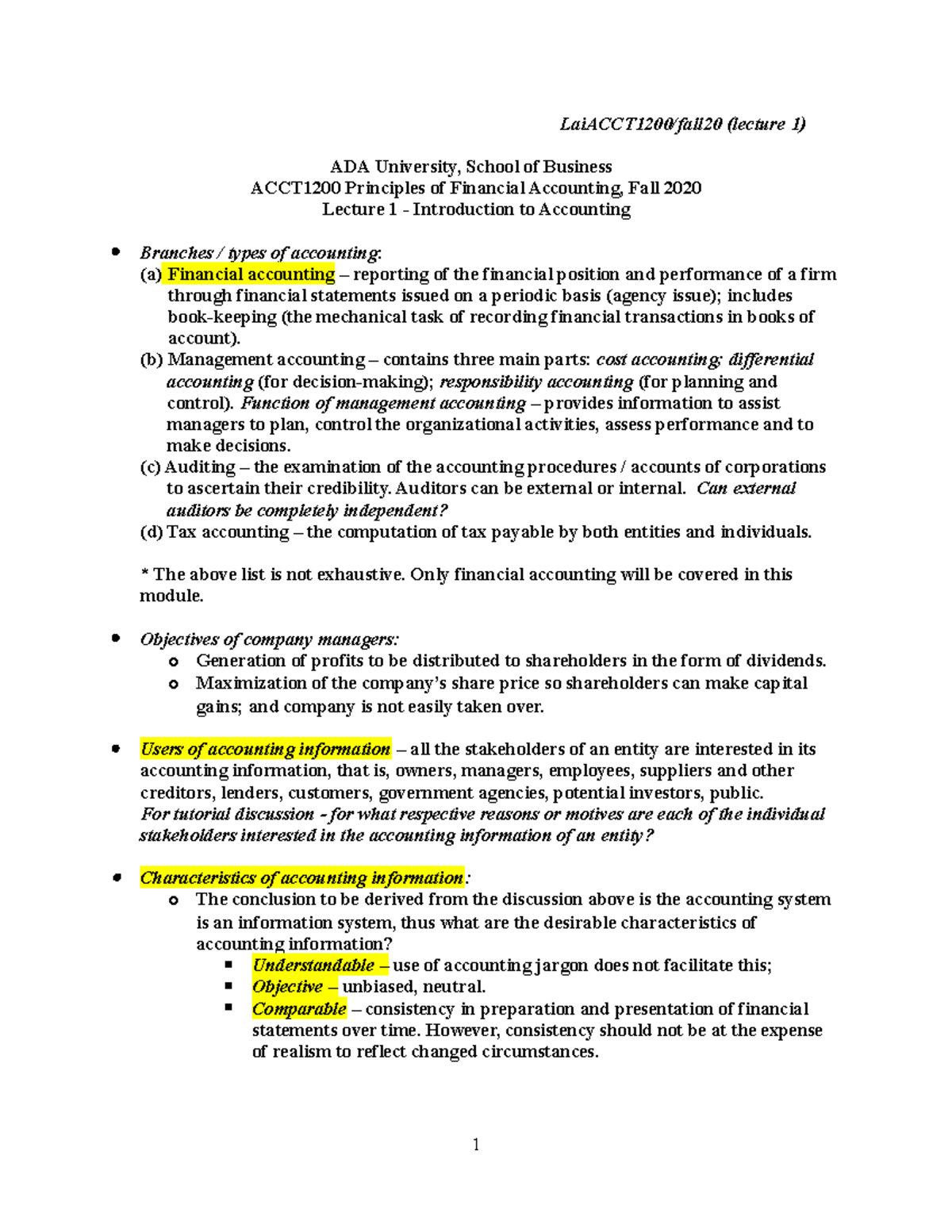 ACCT1200(Fall 20) Lecture & Tutorial 1 Introductory lecture - Financial ...