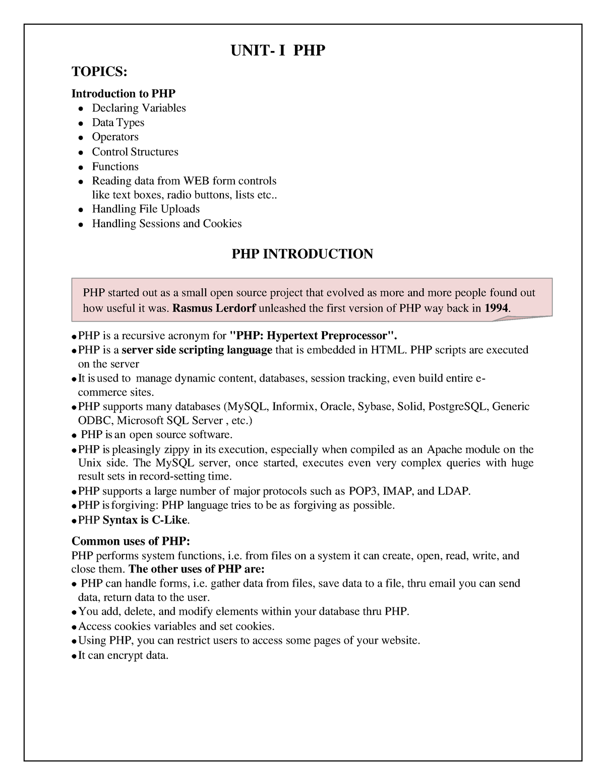 Unit 1,2,3 WT - Web Technology - PHP Started Out As A Small Open Source ...