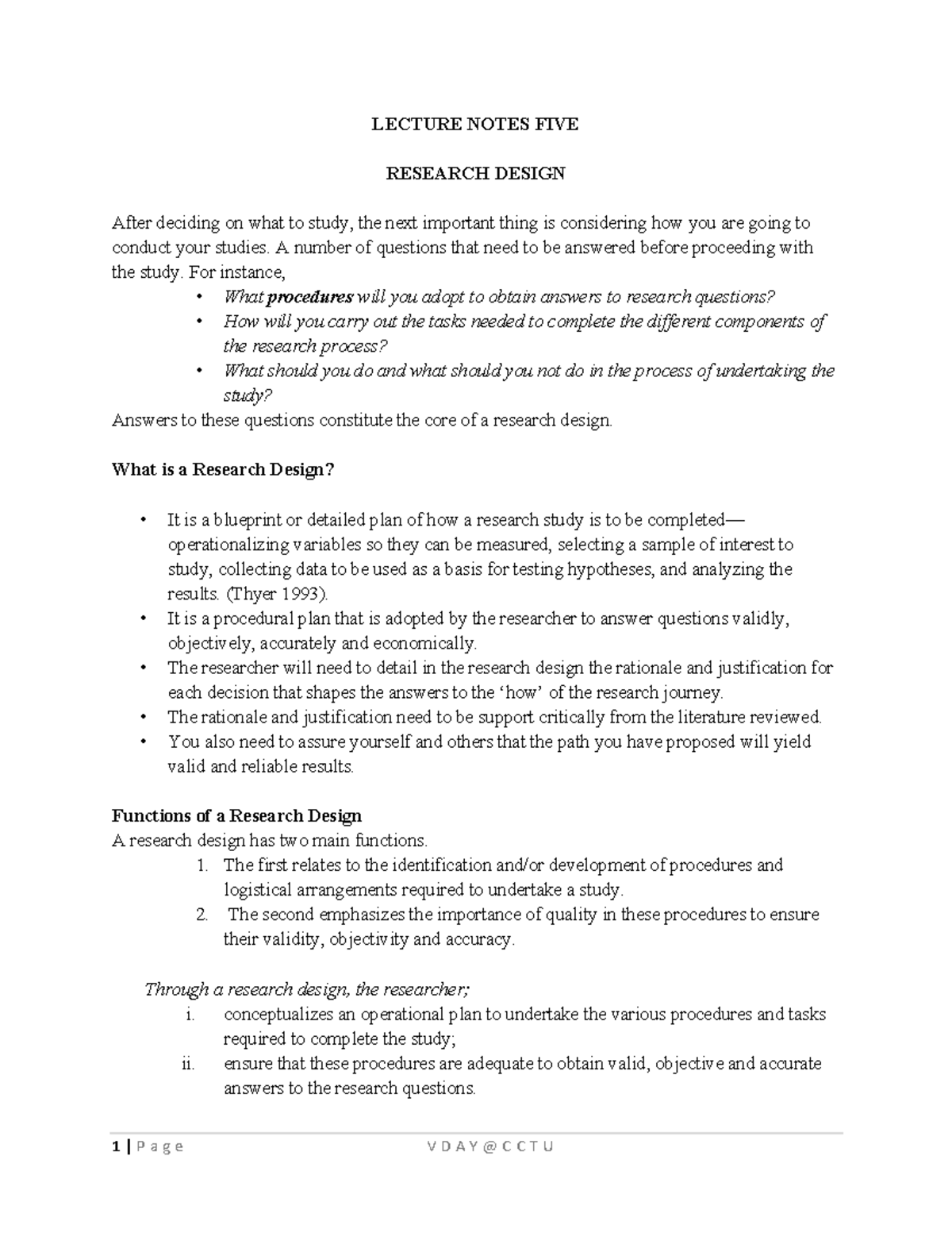 RM Lecture Notes FIVE Research Design - LECTURE NOTES FIVE RESEARCH ...