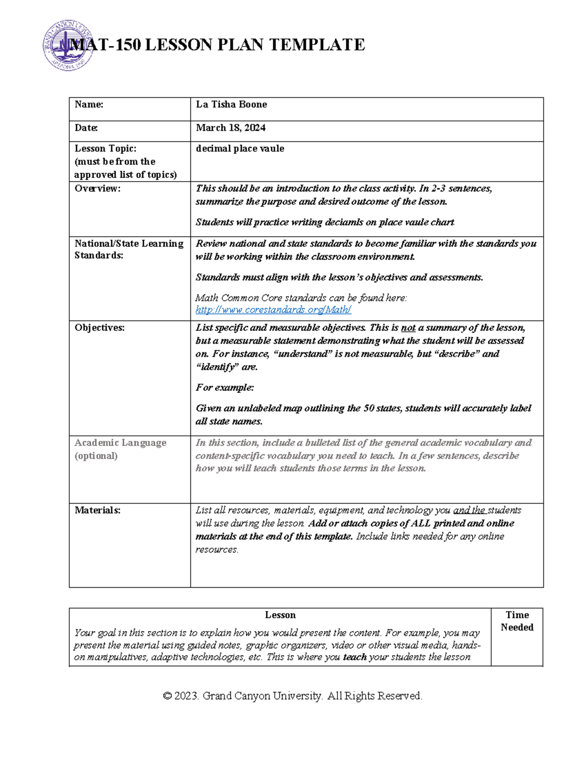 MAT-150 Lesson Plan Template - MAT-150 LESSON PLAN TEMPLATE Name: La ...