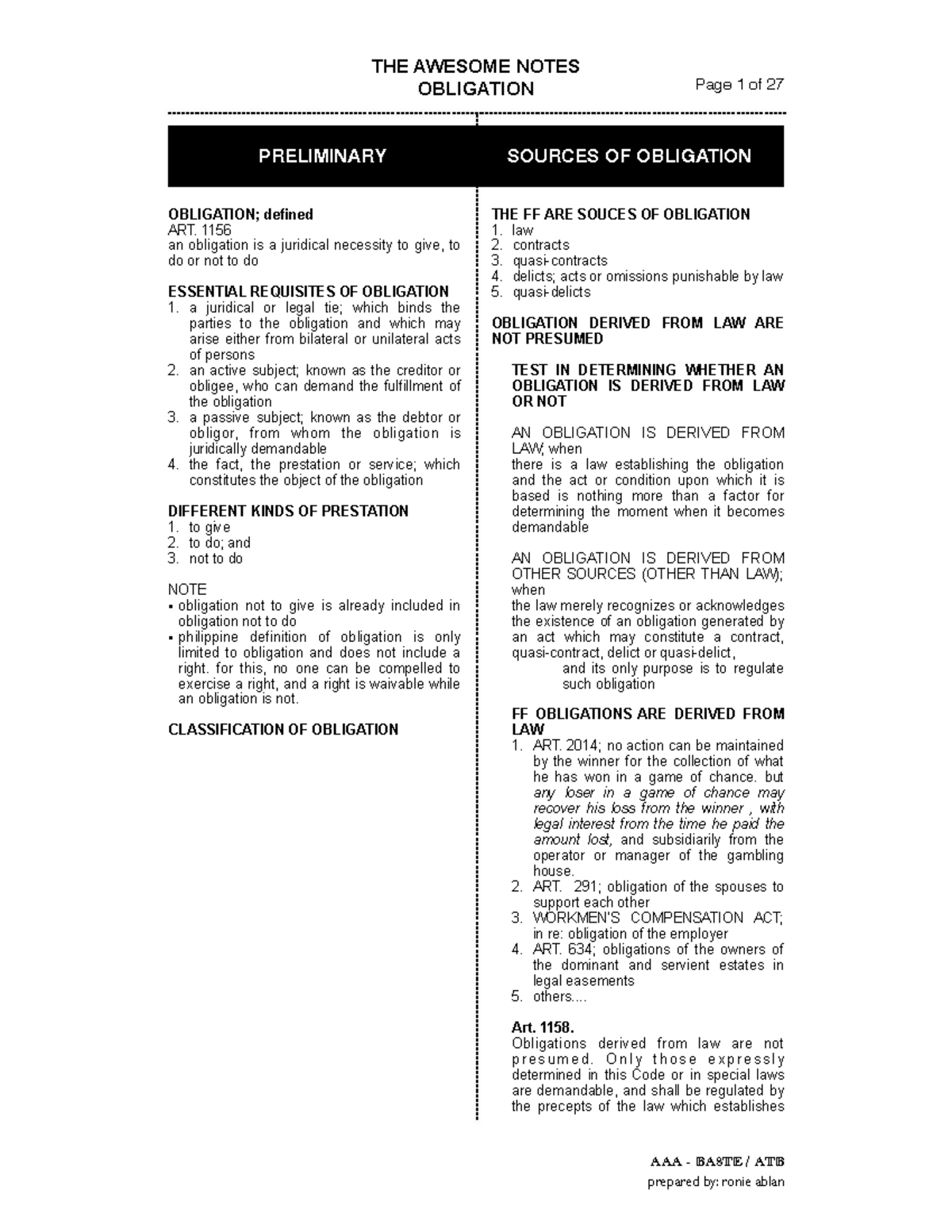 Law 1 Obligation And Contracts - OBLIGATION Page 1 Of 27 OBLIGATION ...