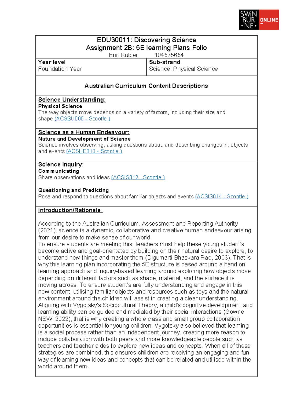 EDU30011 A2B - EDU30011: Discovering Science Assignment 2B: 5E learning ...