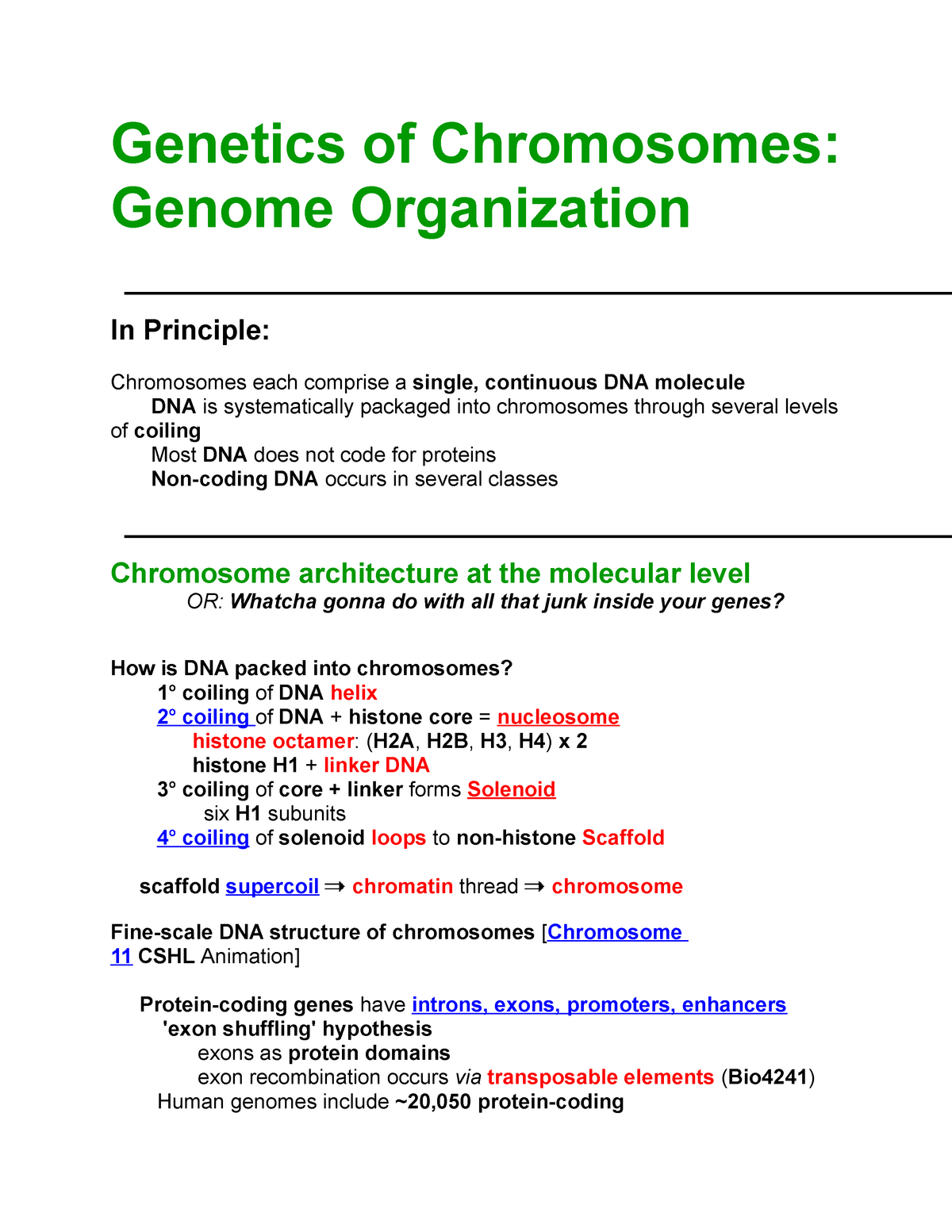 Genetics of Chromosomes - Genome Organization lecture notes 6 - Genetics of  Chromosomes: Genome - Studocu