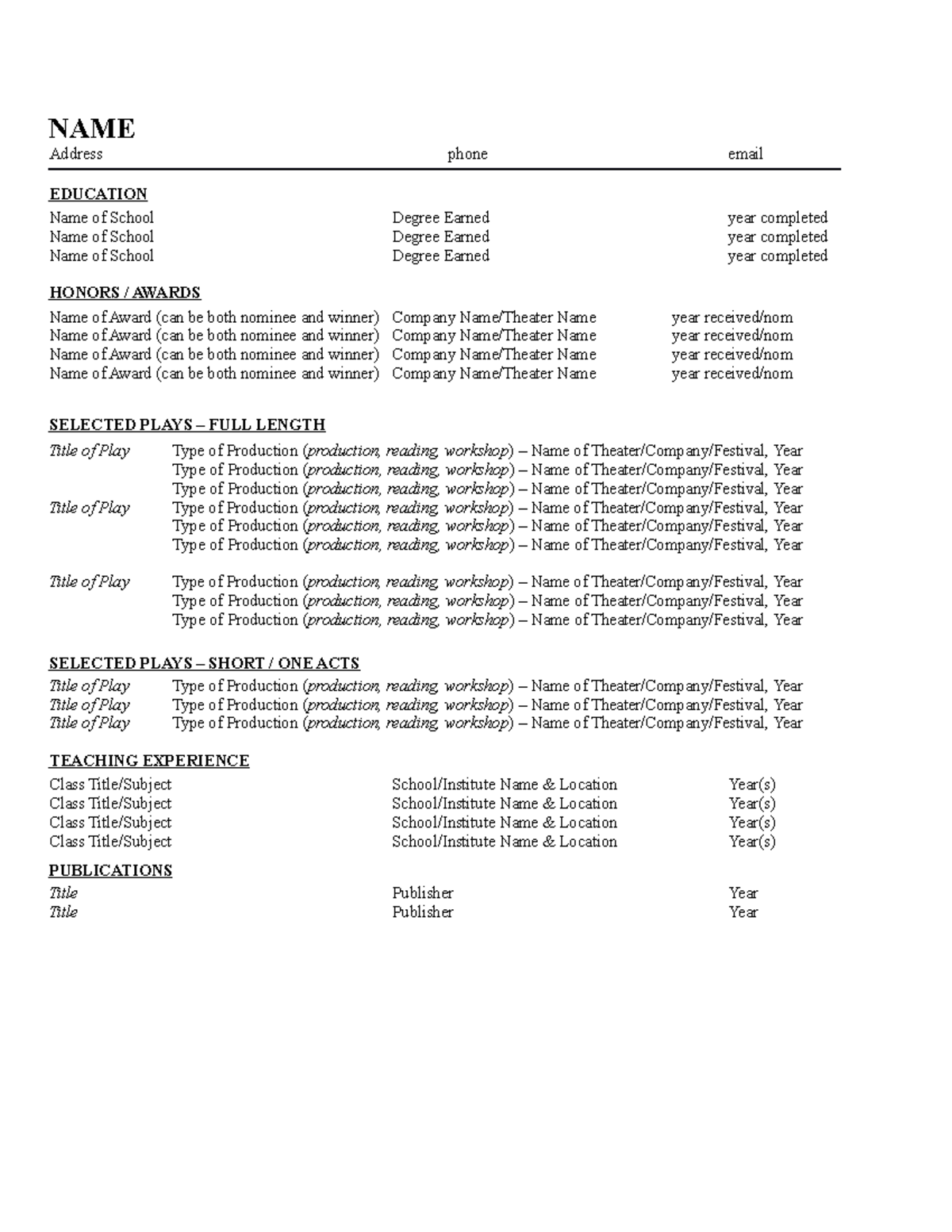 Example playwriting resume NAME - Thumb 1200 1553 