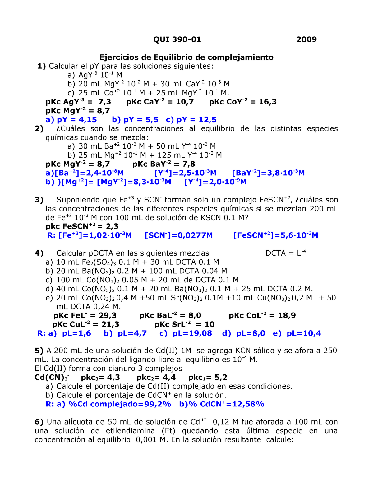 Ejercicios De Complejos Química Analítica 390 Pucv Studocu