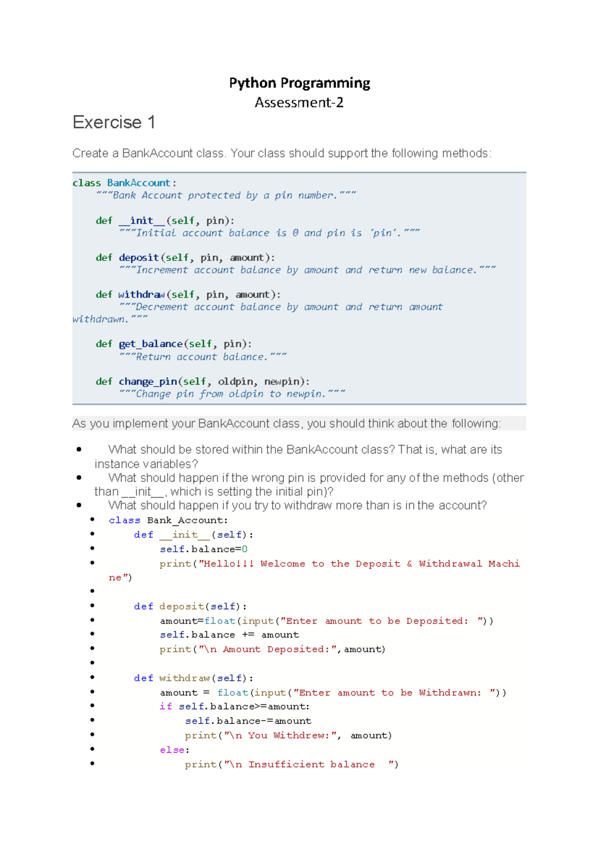 Python Assesment 2 Python Programming Assessment Exercise 1 Create A Bankaccount Class Your