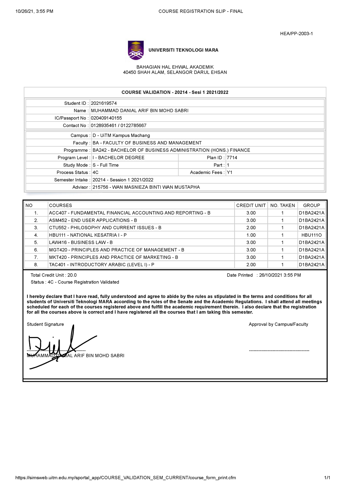 Muhammad Danial ARIF BIN MOHD Sabri 2021619574 - 10/26/21, 3:55 PM ...