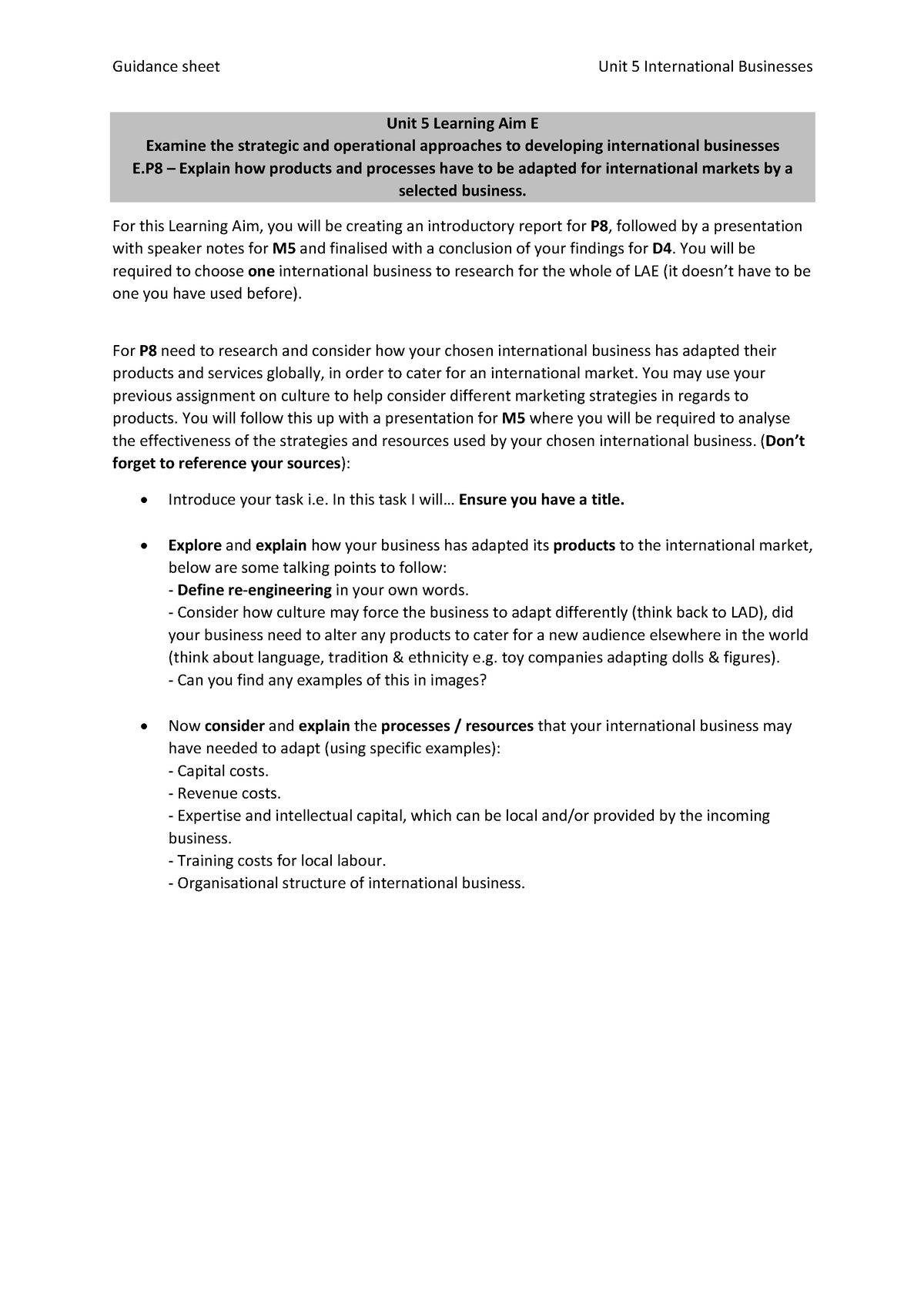 Unit 5 Learning Aim E - Original - Guidance Sheet Unit 5 International ...