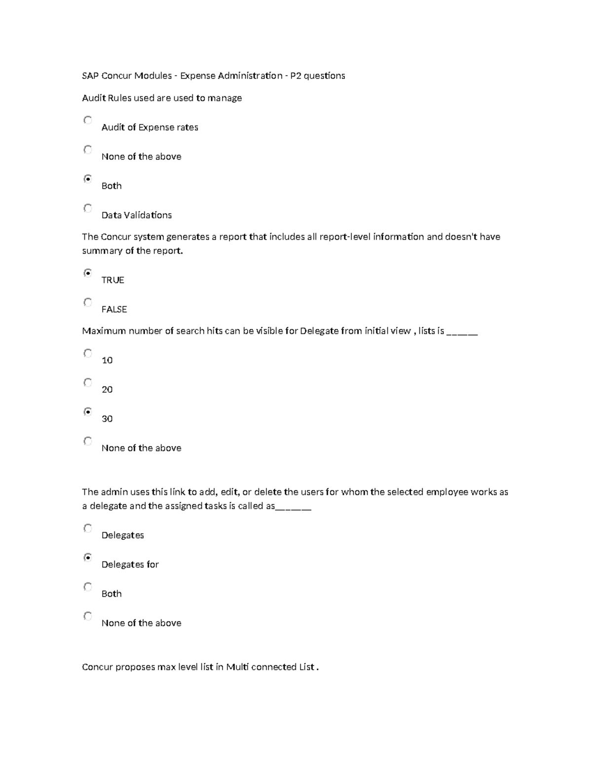 SAP Concur Modules - Expense Administration - P2 questions - TRUE FALSE ...