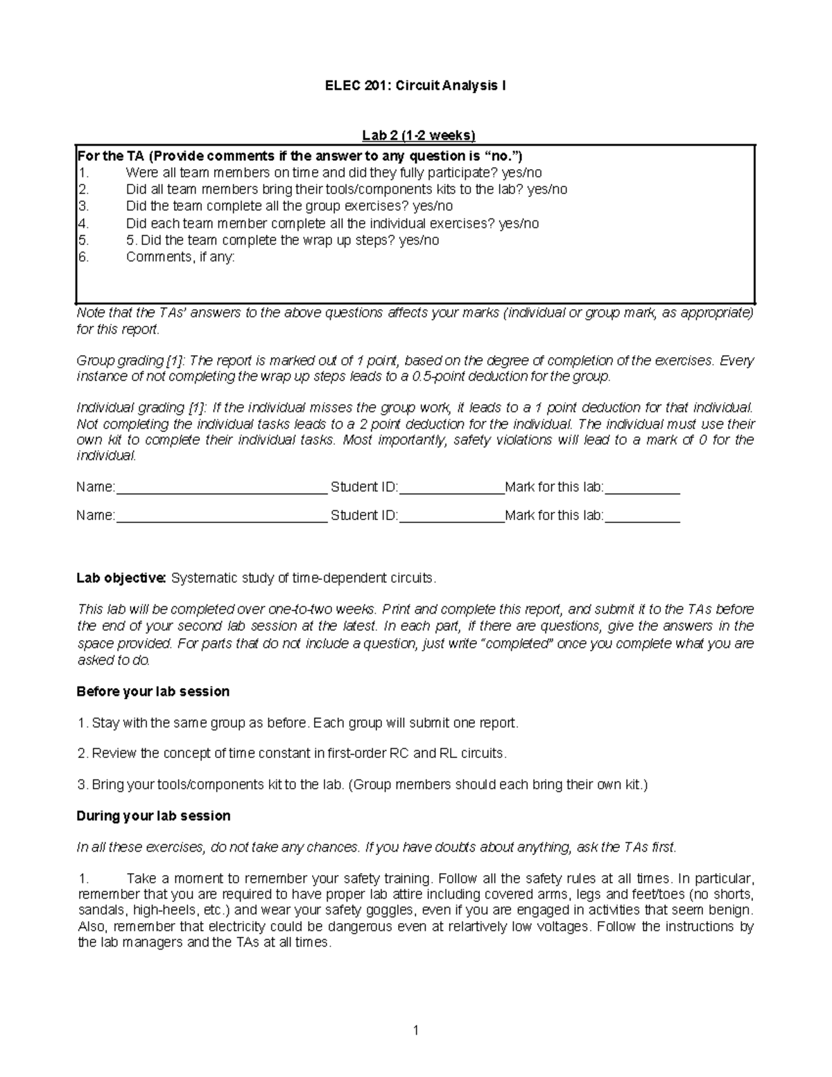 Lab+2 - 2nd lab for elec 201 - ELEC 201: Circuit Analysis I Lab 2 (1-2 ...