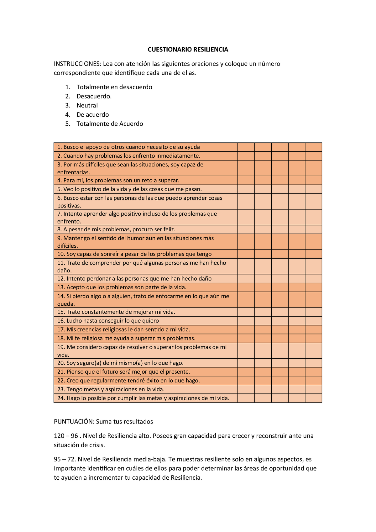 Resilencia - CUESTIONARIO RESILIENCIA INSTRUCCIONES: Lea Con Atención ...