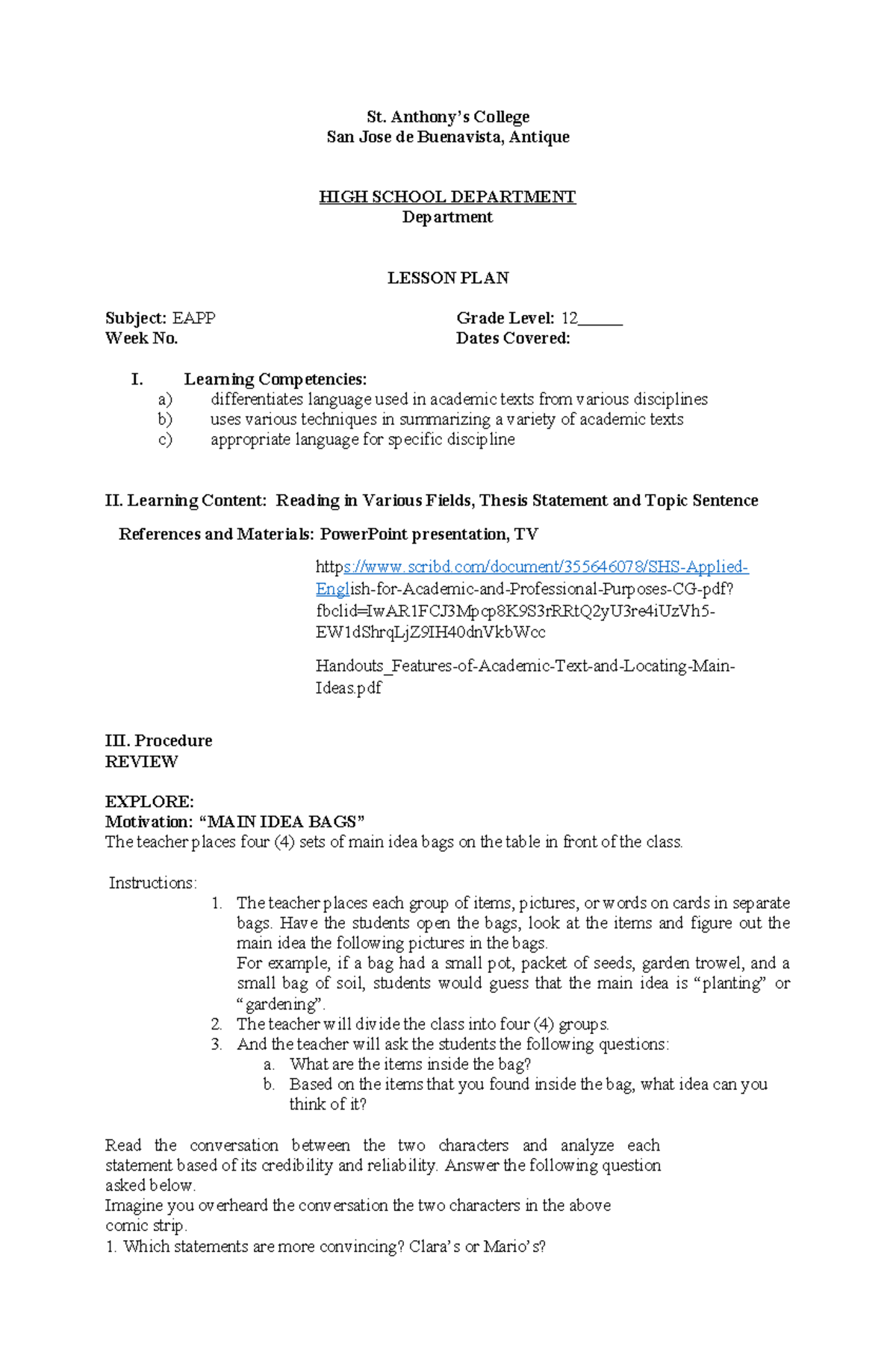 Grade 12-Topic Sentence - St. Anthony’s College San Jose de Buenavista ...