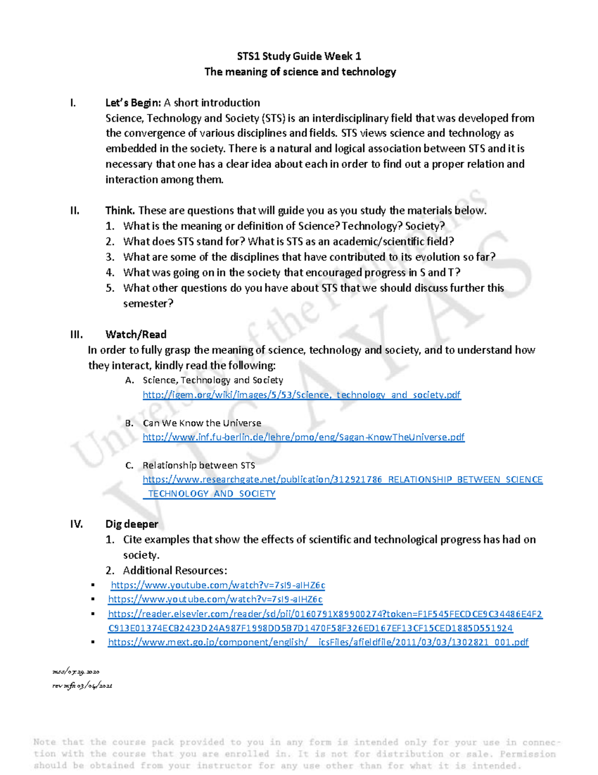 1 WM STS 1 Study Guide -1 - .jcgjjg - STS1 Study Guide Week 1 The ...