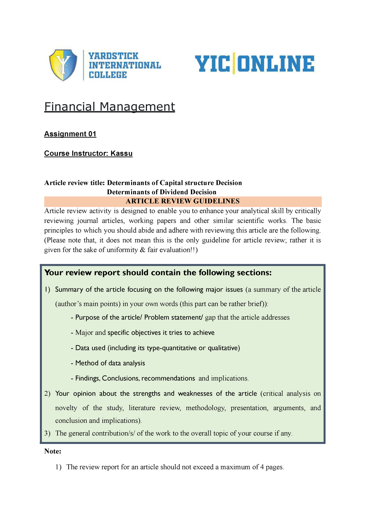 contoh assignment financial management