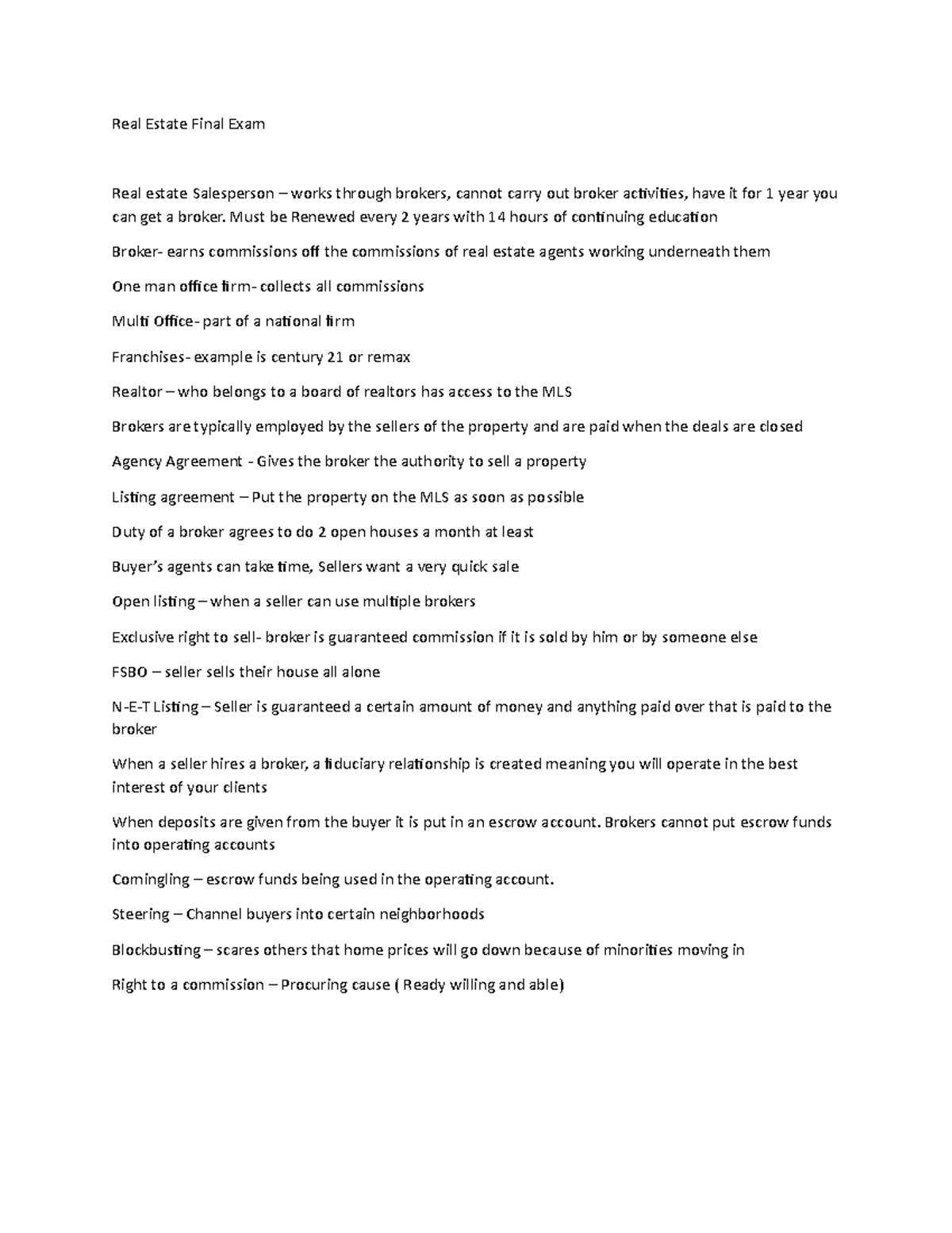 Real estate Notes its great Real Estate Final Exam Real estate