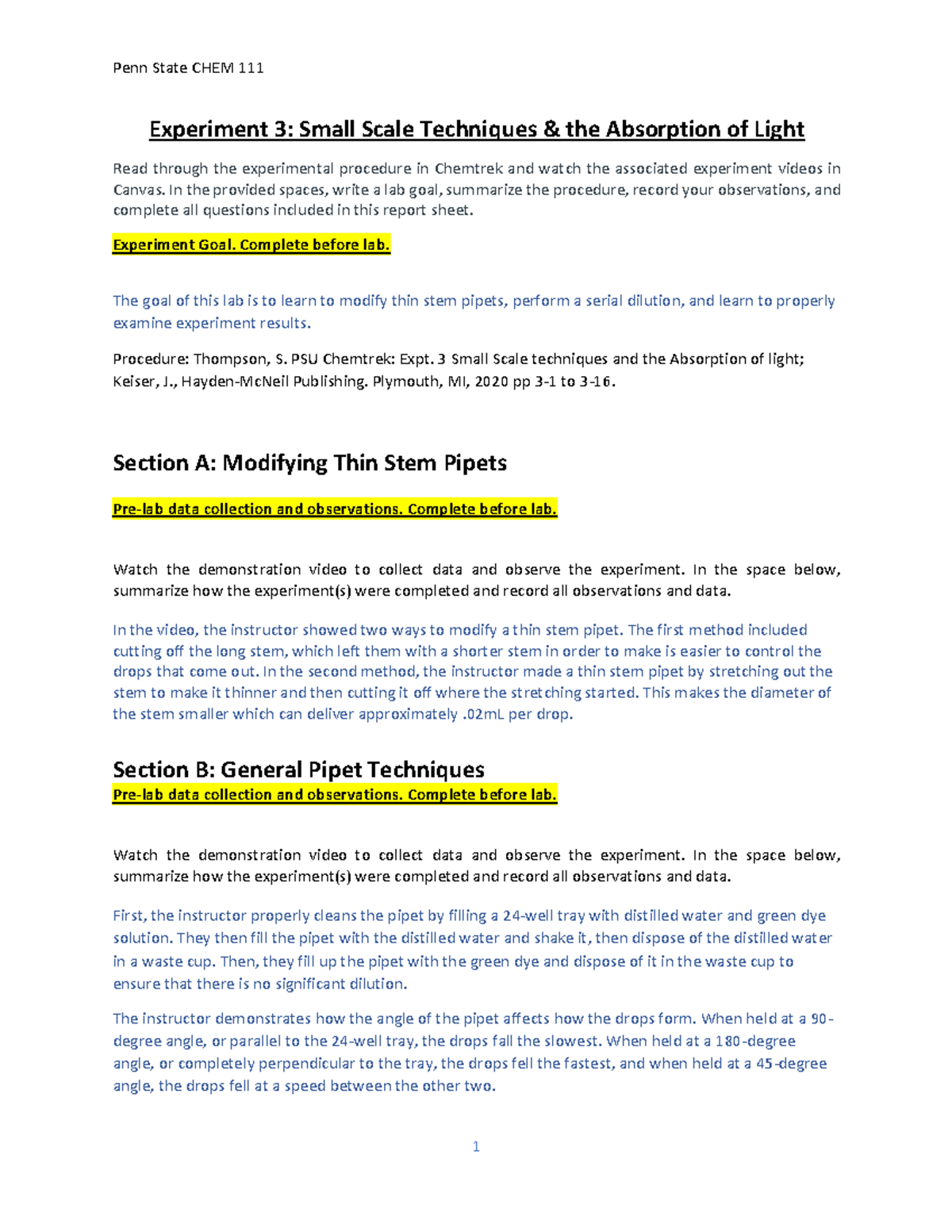 Experiment 3 Report Sheet SP21 Experiment 3 Small Scale Techniques