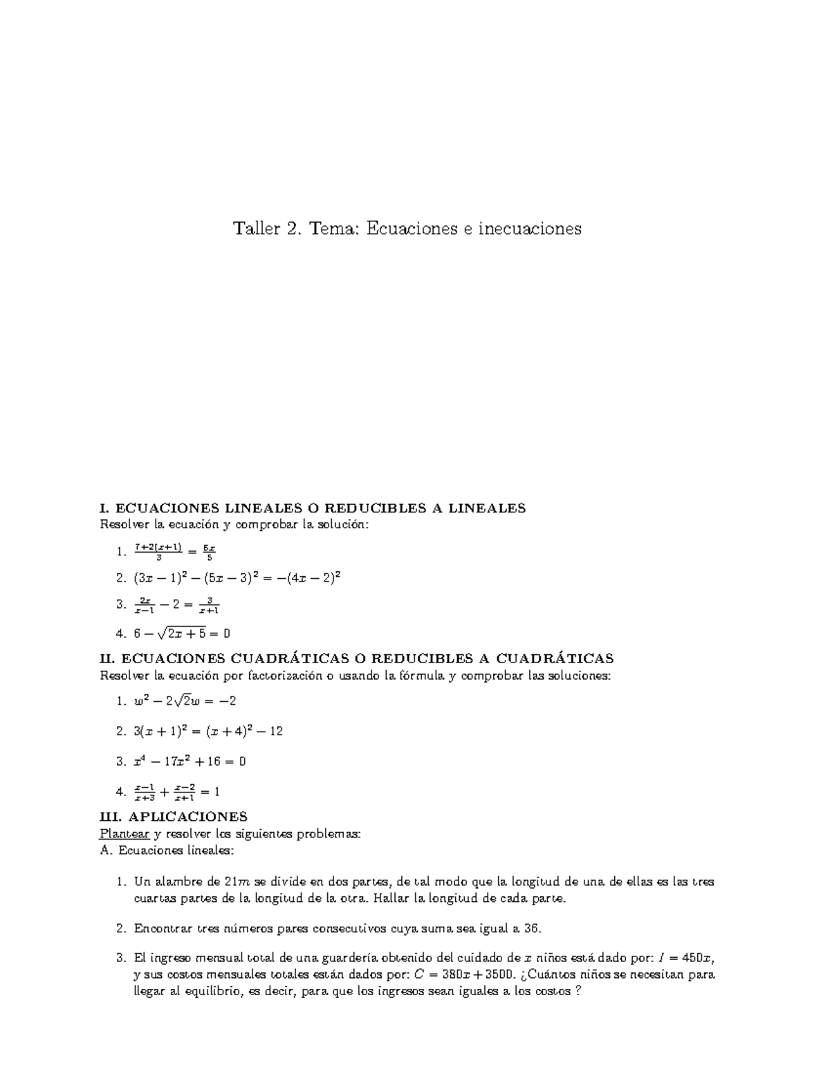 Taller-2-mate Basica (ecuaciones E Inecuaciones) - Universidad Nacional ...