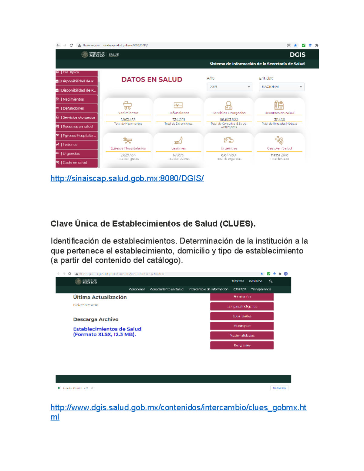 Ligas Consulta Informacion Salud sinaiscap.salud8080/DGIS/ Clave