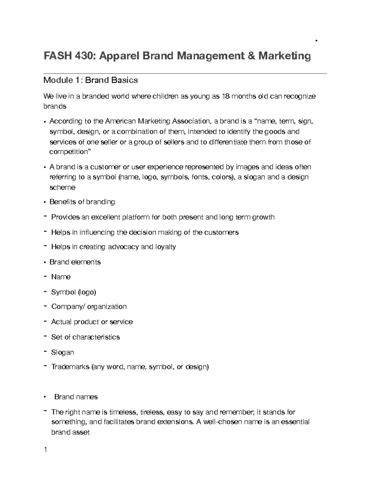 Fash 430 notes FASH 430 Apparel Brand Management & Marketing Module