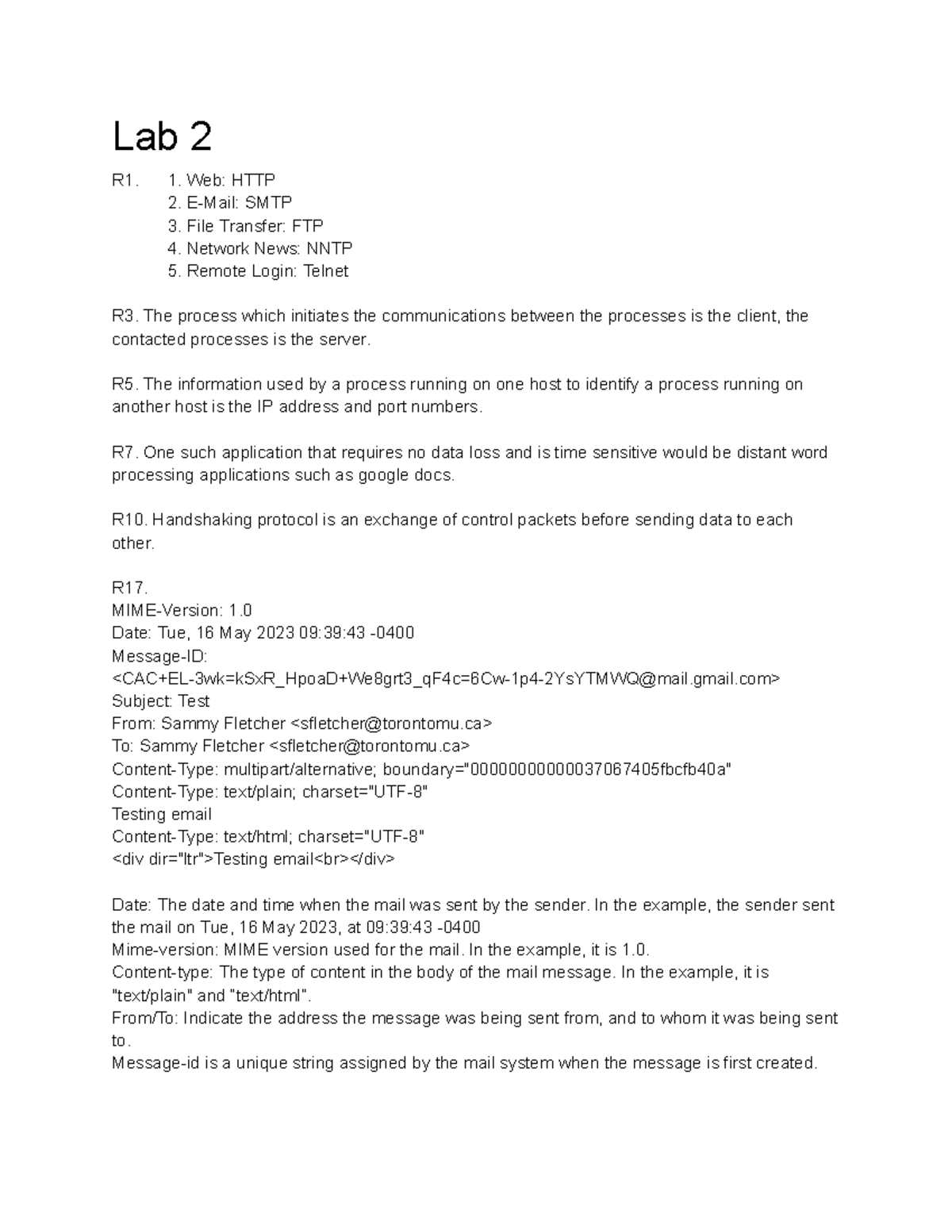 Lab 2 - Lab 2 answers - Lab 2 R1. 1. Web: HTTP 2. E-Mail: SMTP 3. File ...
