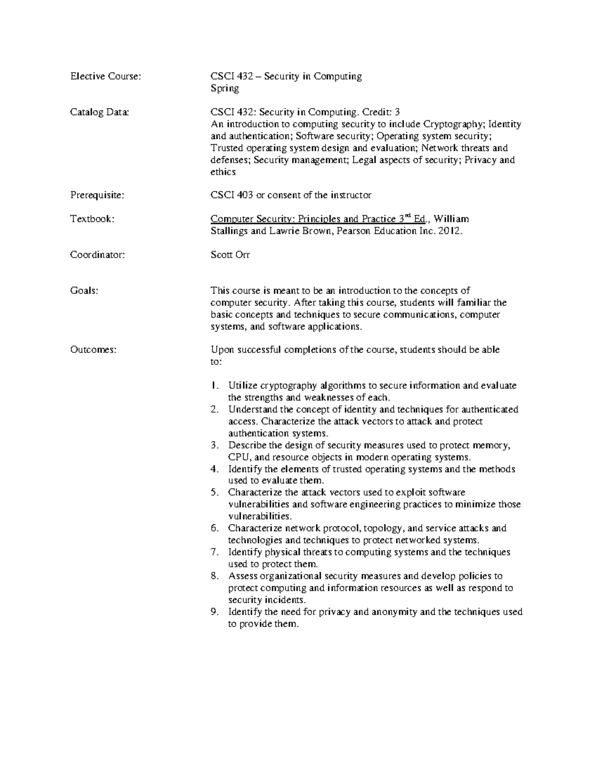 Cs432-syllabus - Important Course Related Documents - Elective Course ...