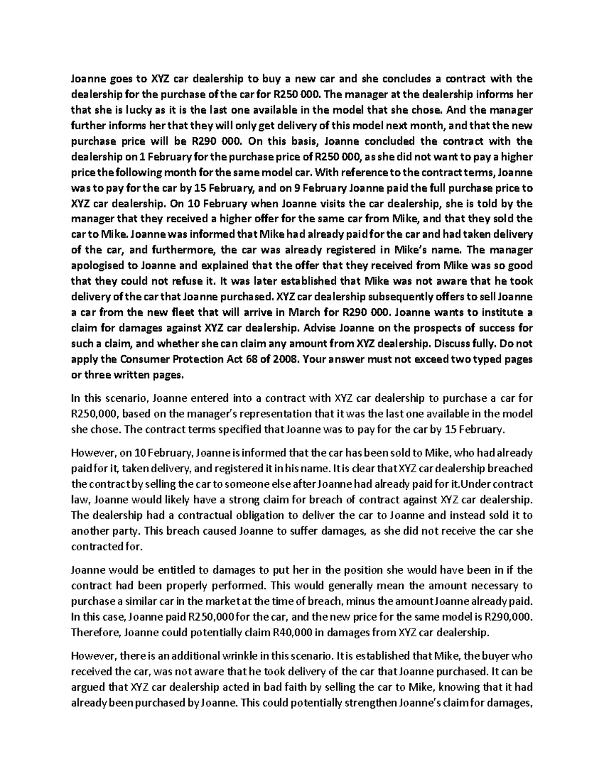 Long Question PVL3702 4 2023 - Joanne goes to XYZ car dealership to buy