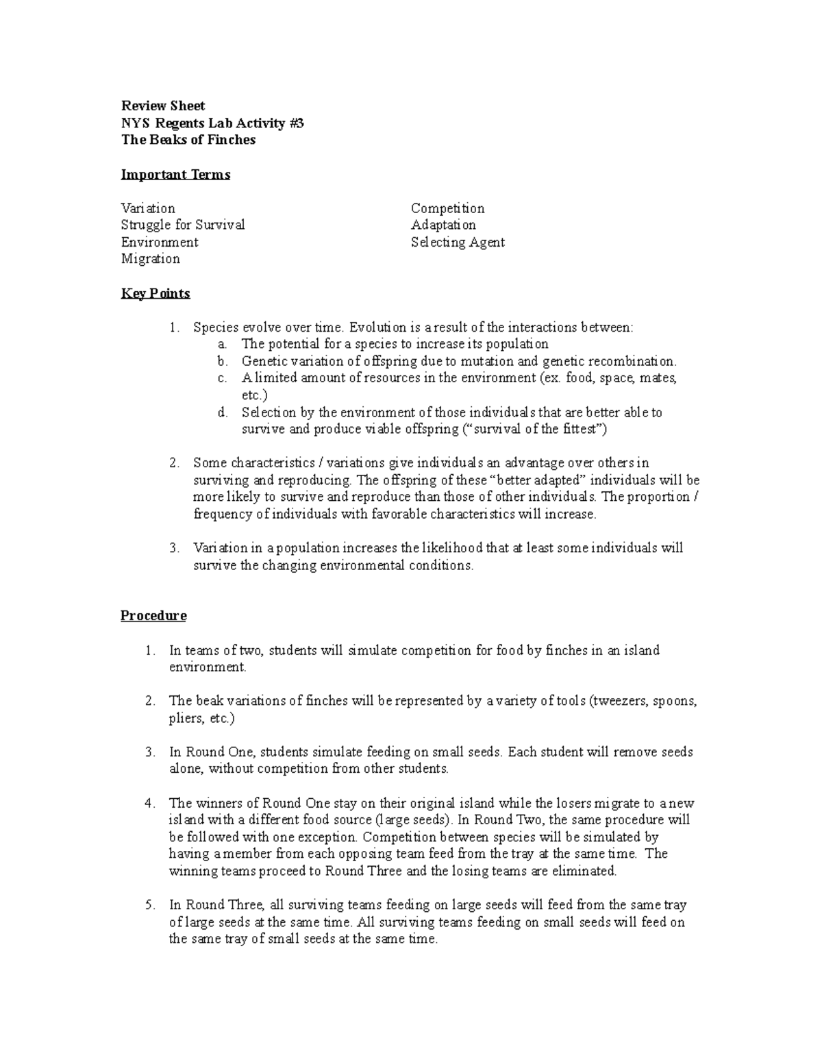 Beaks of Finches Review Sheet Review Sheet NYS Regents Lab Activity