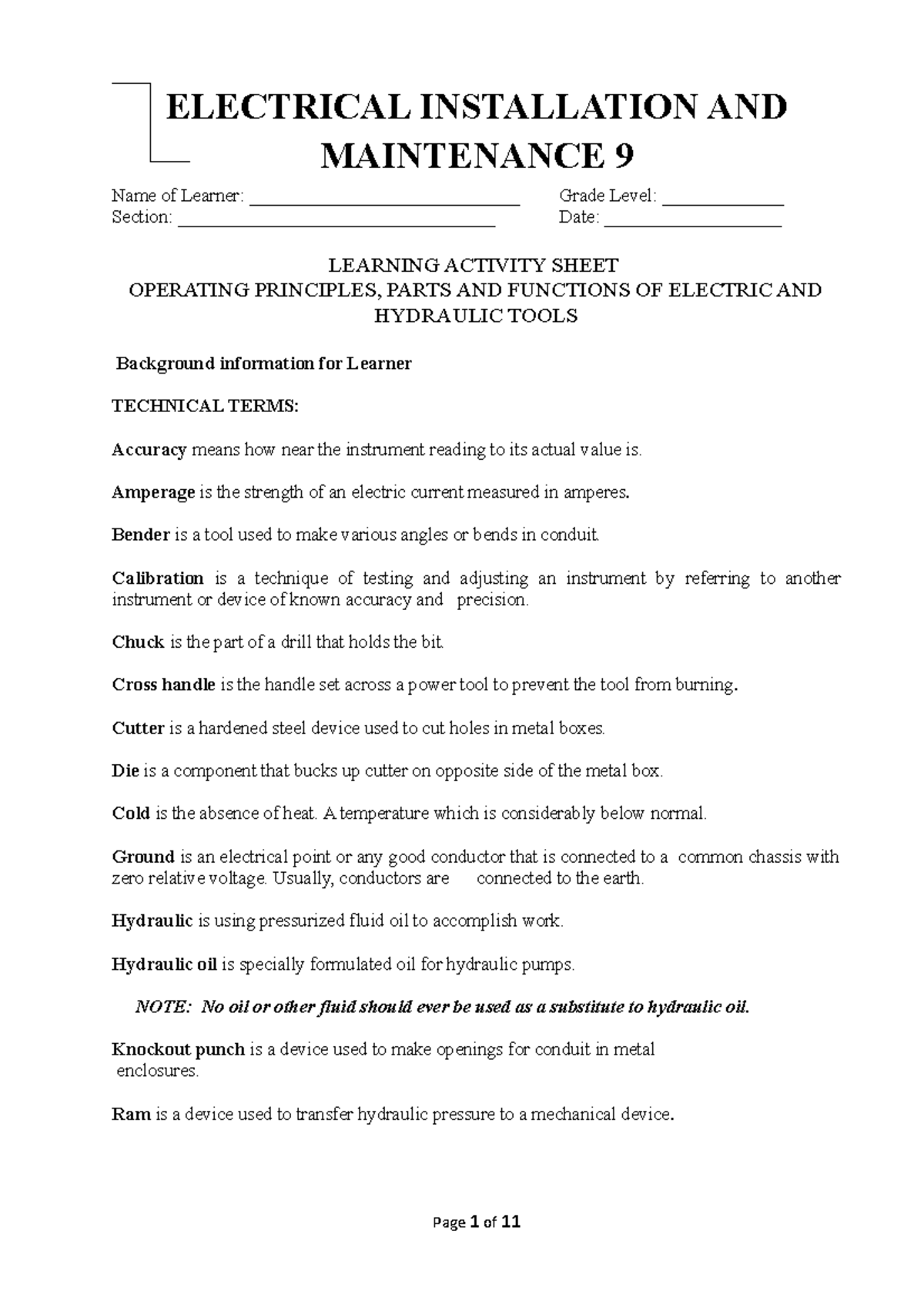 Operating Principles, Parts AND Functions OF Electric AND Hydraulic ...