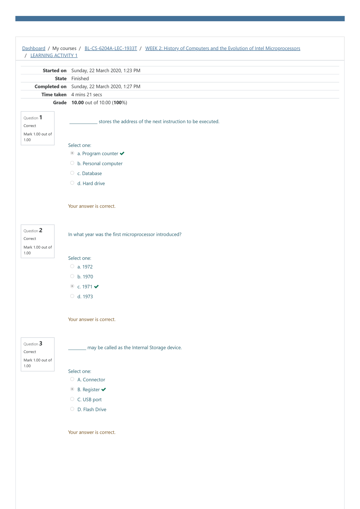 Learning Activity 1 Attempt review - Computer Architecture and ...