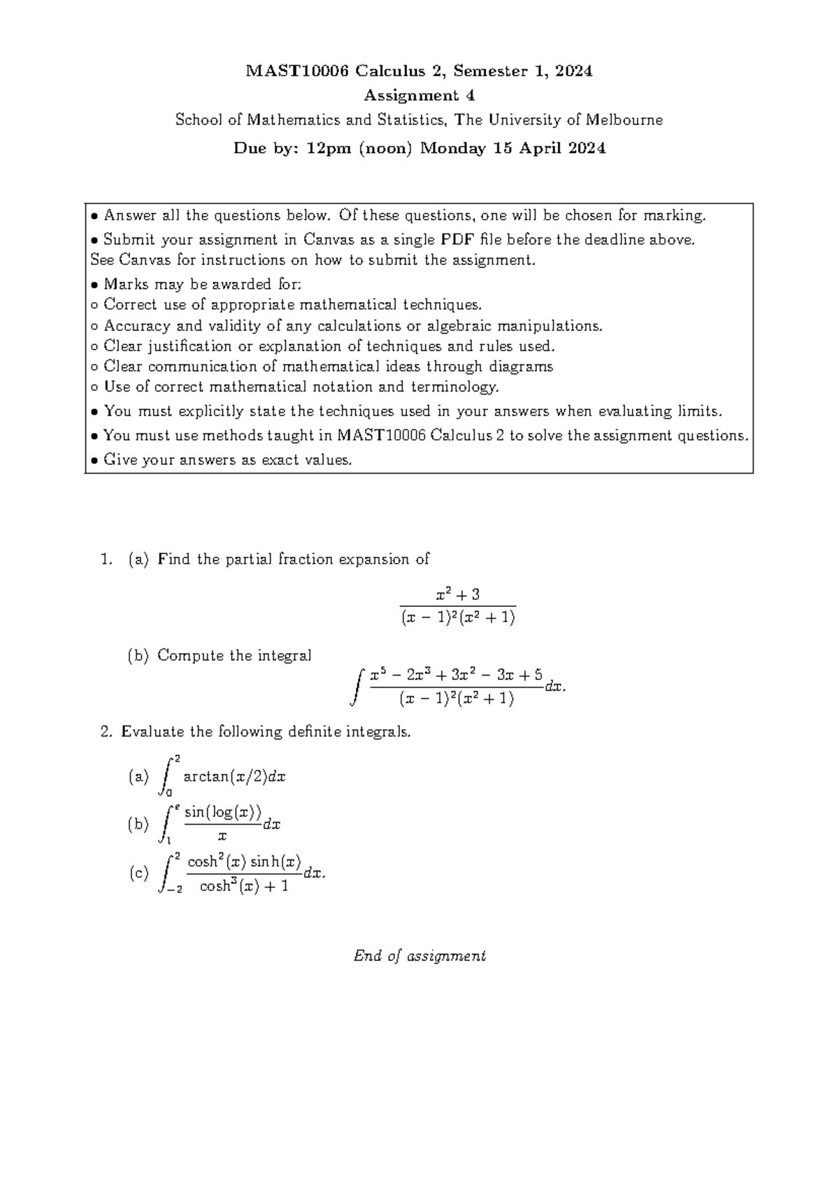 Assignment 4 Mast10006 2024s2 Mast10006 Calculus 2 Semester 1 2024