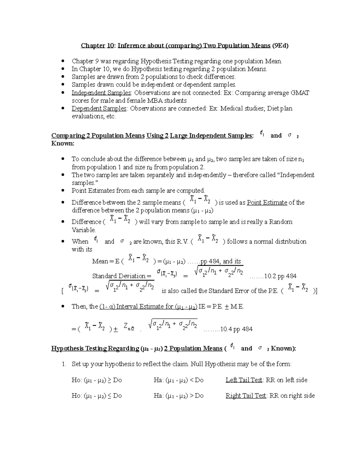 omis 210 ch 10 notes - Chapter 10 : Inference about (comparing) Two ...