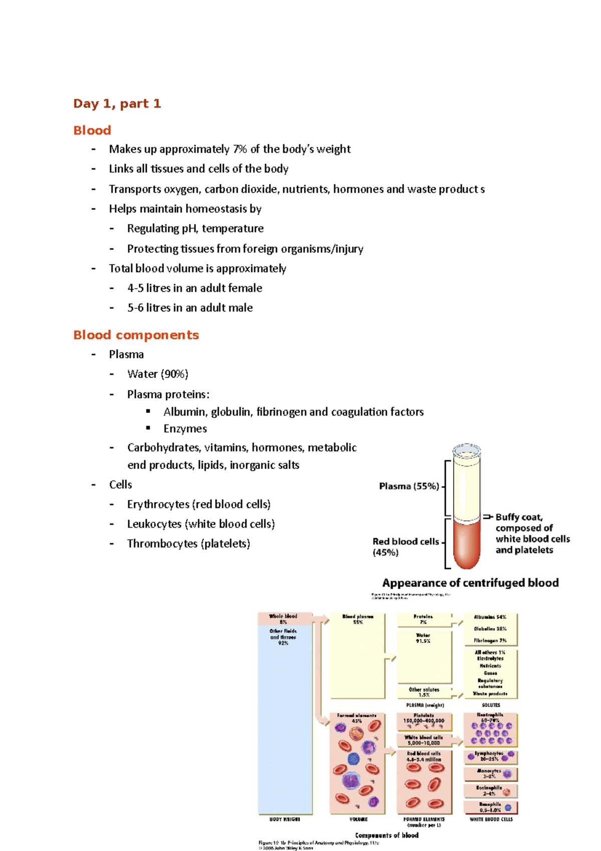 Haematology lec notes - Day 1, part 1 Blood - Makes up approximately 7% ...