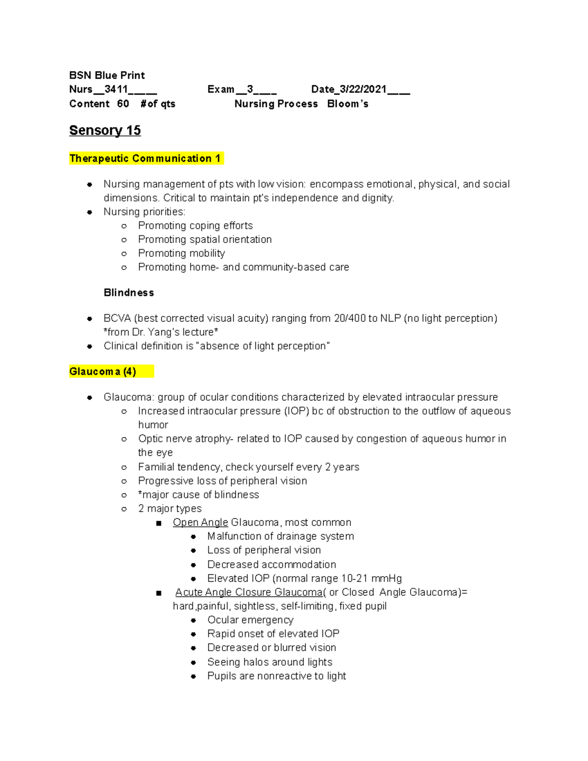 AH Exam 3 Review old - BSN Blue Print Nurs__3411_____ Exam__3____ Date ...