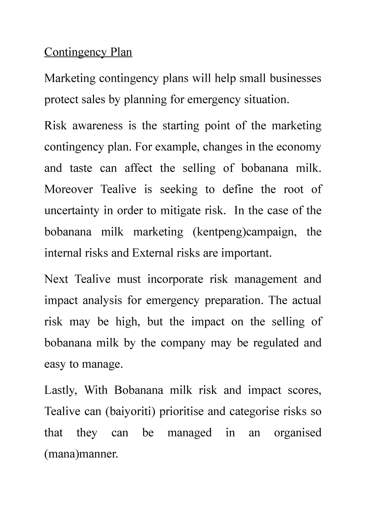 case study on contingency planning