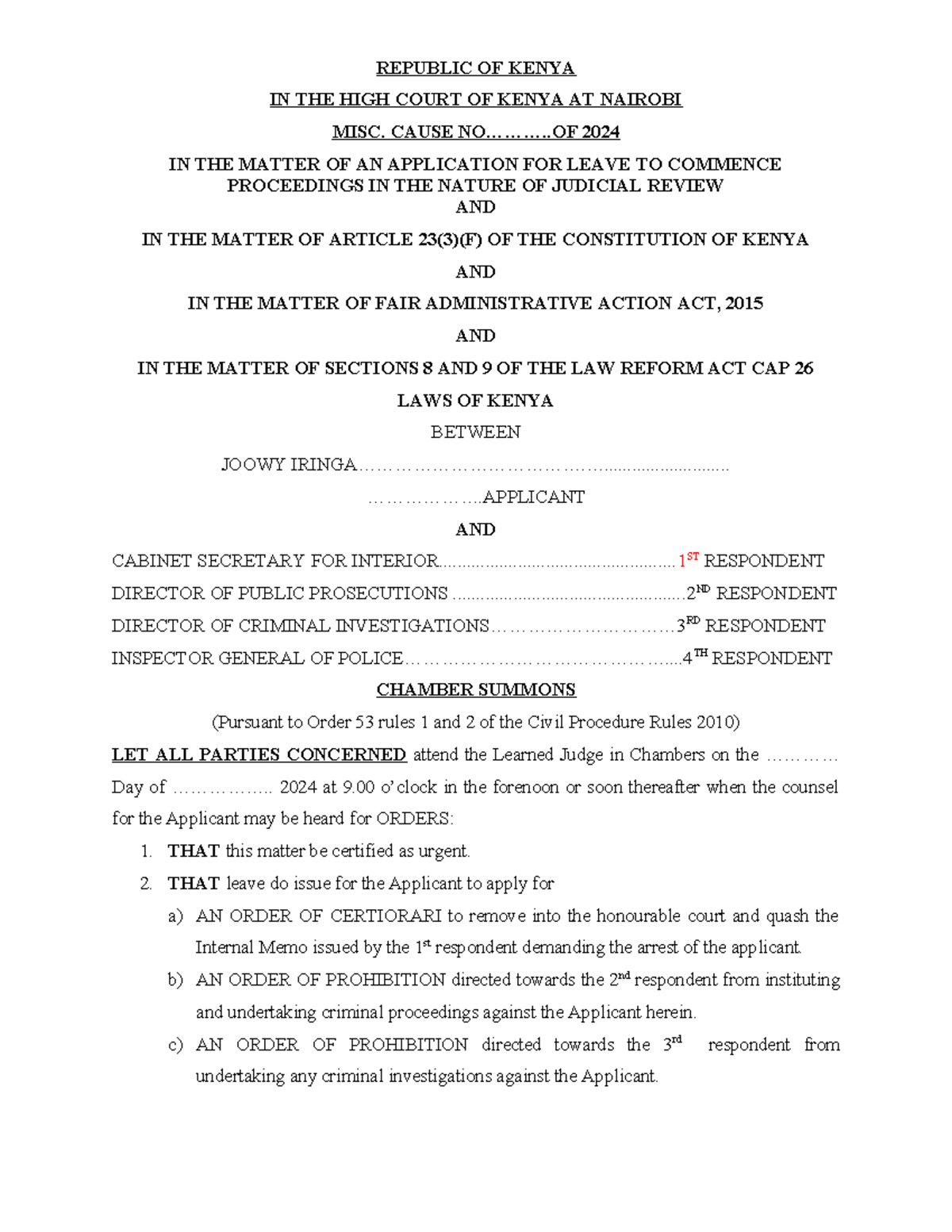 Judicial Review Appliication REPUBLIC OF KENYA IN THE HIGH COURT OF