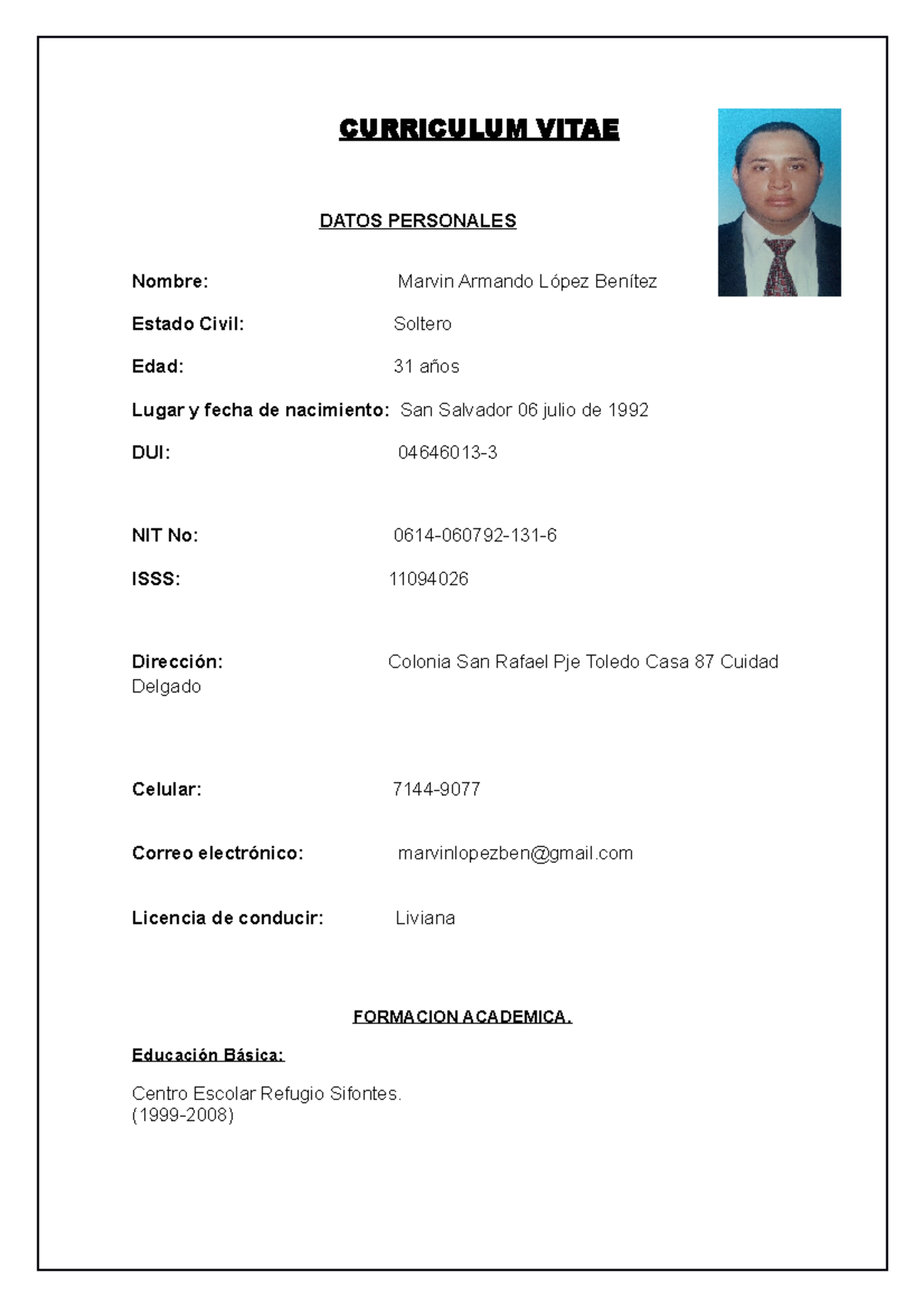 Curriculum Vitae Marvin1 CURRICULUM VITAE DATOS PERSONALES Nombre